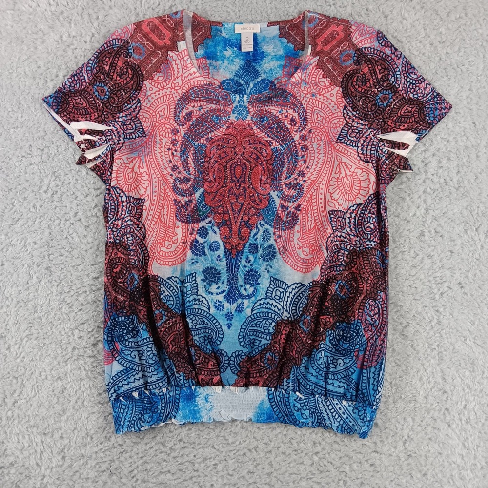 Chicos Paisley Medallion Blouson Top Blue Pink Smocked Hem Size 2 Large